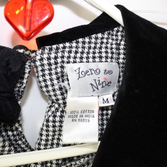 vintage black & white hounds tooth plaid long sleeve dress velvet collar medium - Picture 6 of 8